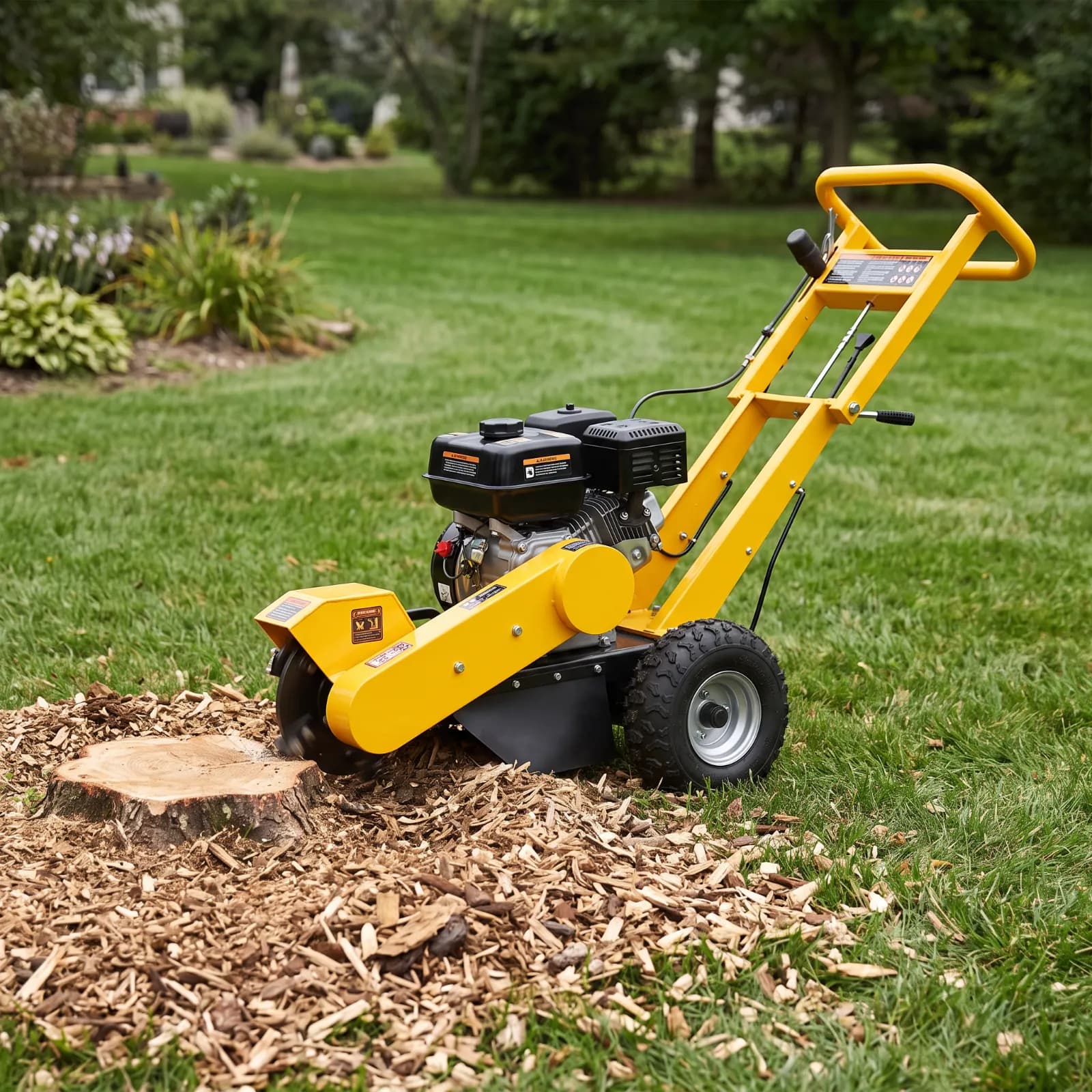 MechMaxx 420cc gas-powered stump grinder clearing a tree stump